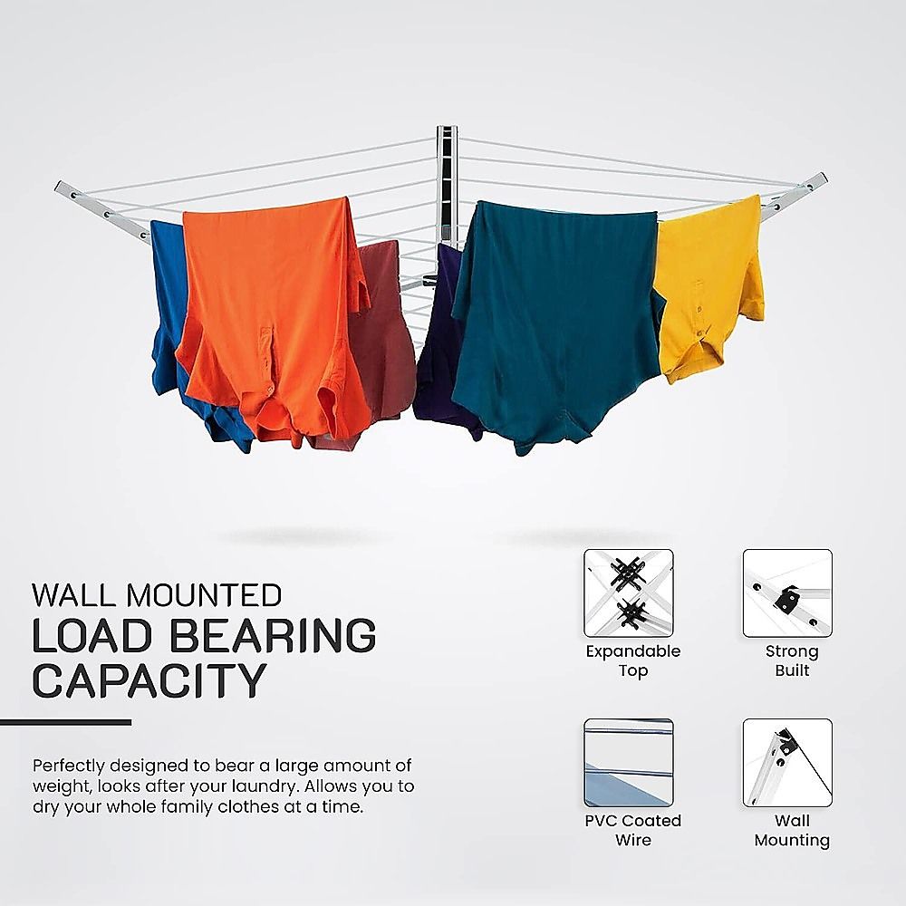 24m Folding Dryer for Laundry and Washing Wall Mounted 5 Arm Clothes Airer Space Saving Design