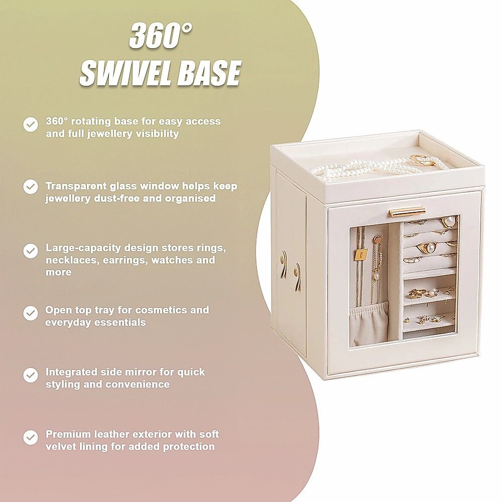 Rotating Organiser Box with Mirror Jewellery Storage for Dressing Table