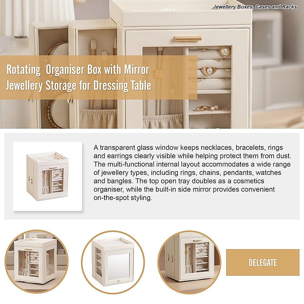 Rotating Organiser Box with Mirror Jewellery Storage for Dressing Table
