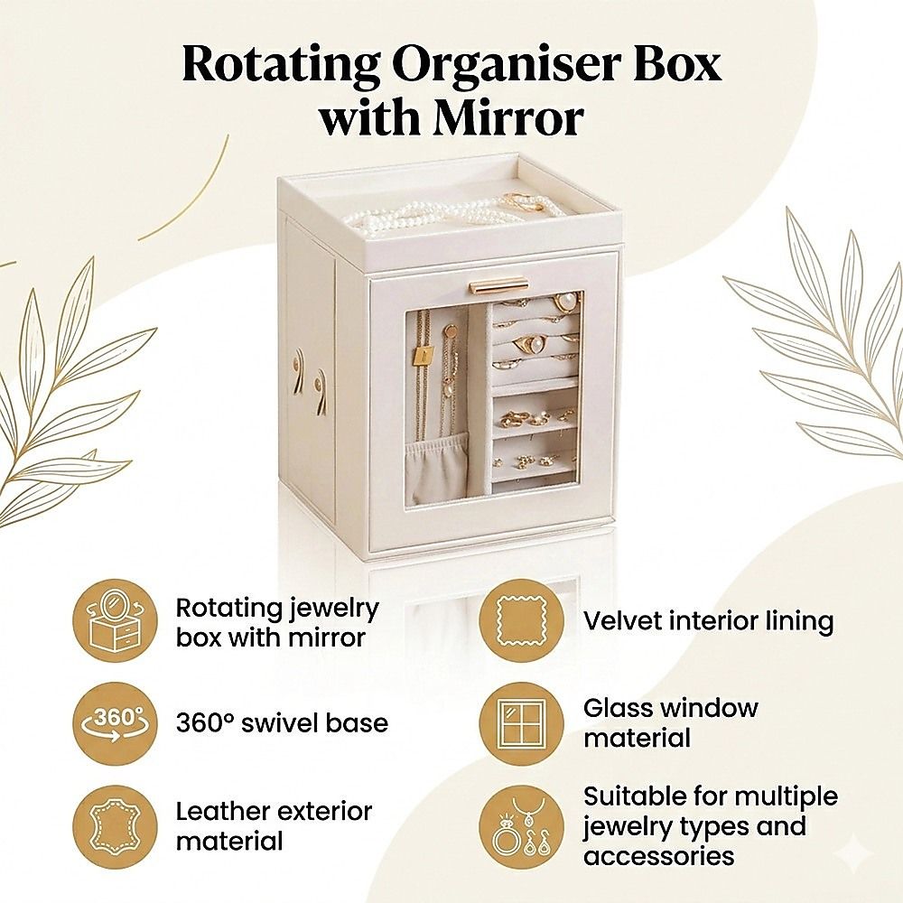 Rotating Organiser Box with Mirror Jewellery Storage for Dressing Table