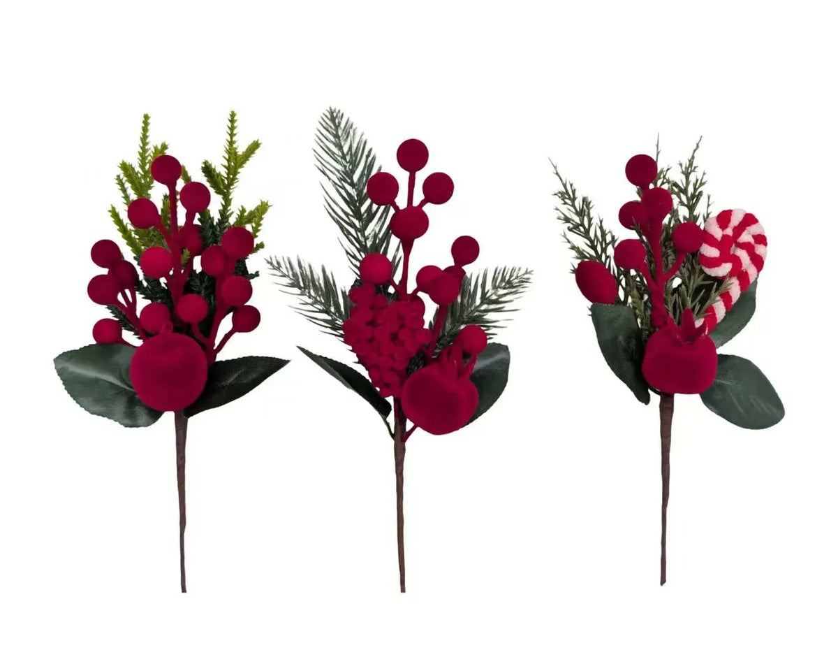 Xmas Flocking Berry Pick 21cm 3 Asst