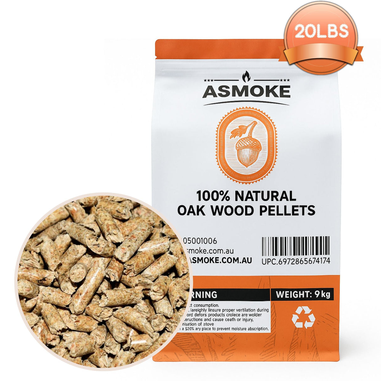 ASMOKE 100% Natural Premium Oak Wood BBQ Pellets for Smoker & Grill (9kg / 20lbs)