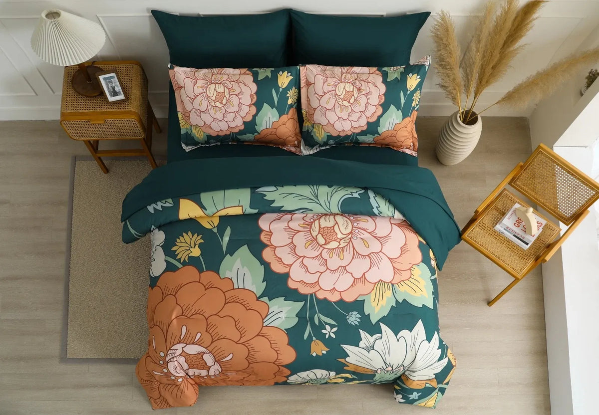 Teal Terracotta Dahlia Bloom Comforter Quilted Doona Set