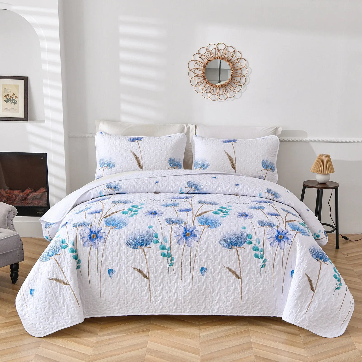 White Blue Wildflower Bedspread Coverlet 3 Piece Set