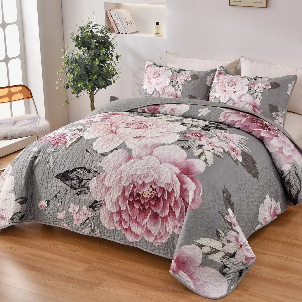 Grey Blush Peony Garden Bedspread Coverlet 3 Piece Set
