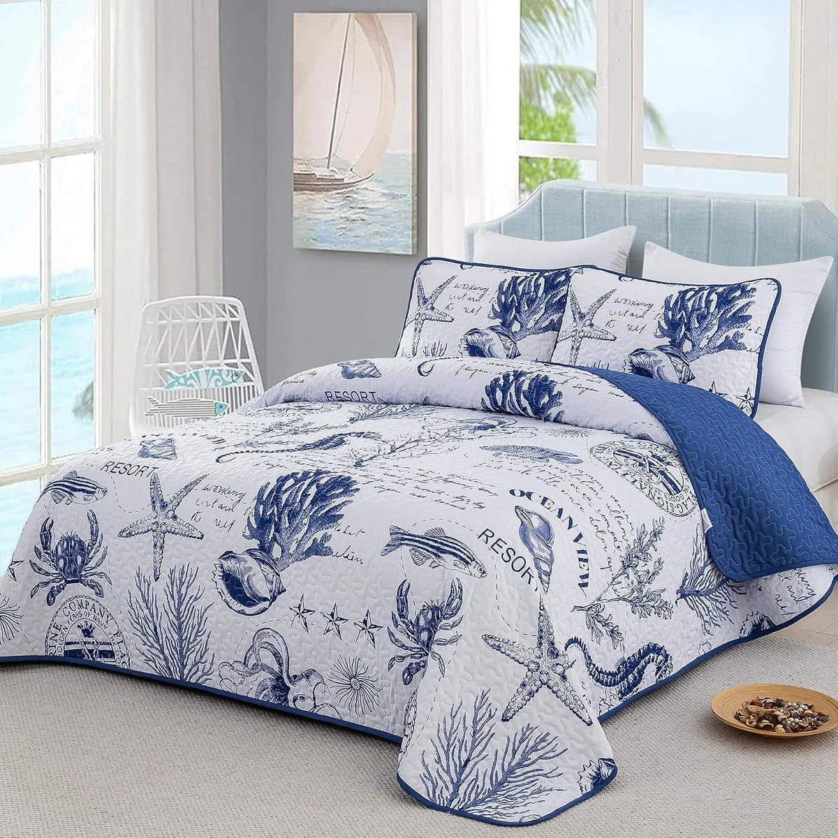 Navy Blue Coastal Aura Bedspread Coverlet 3 Piece Set