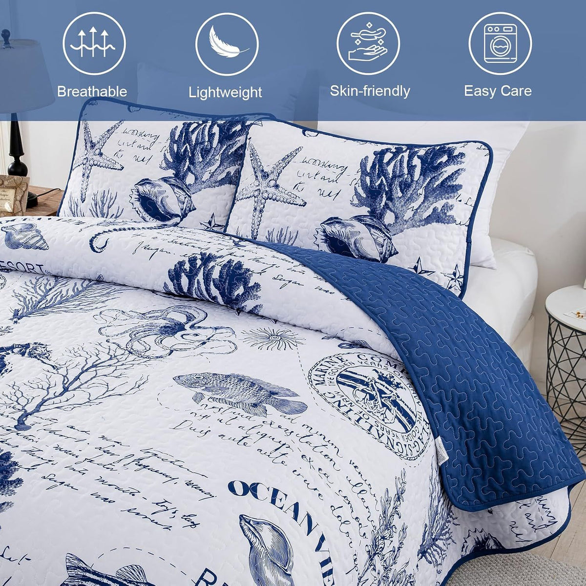 Navy Blue Coastal Aura Bedspread Coverlet 3 Piece Set
