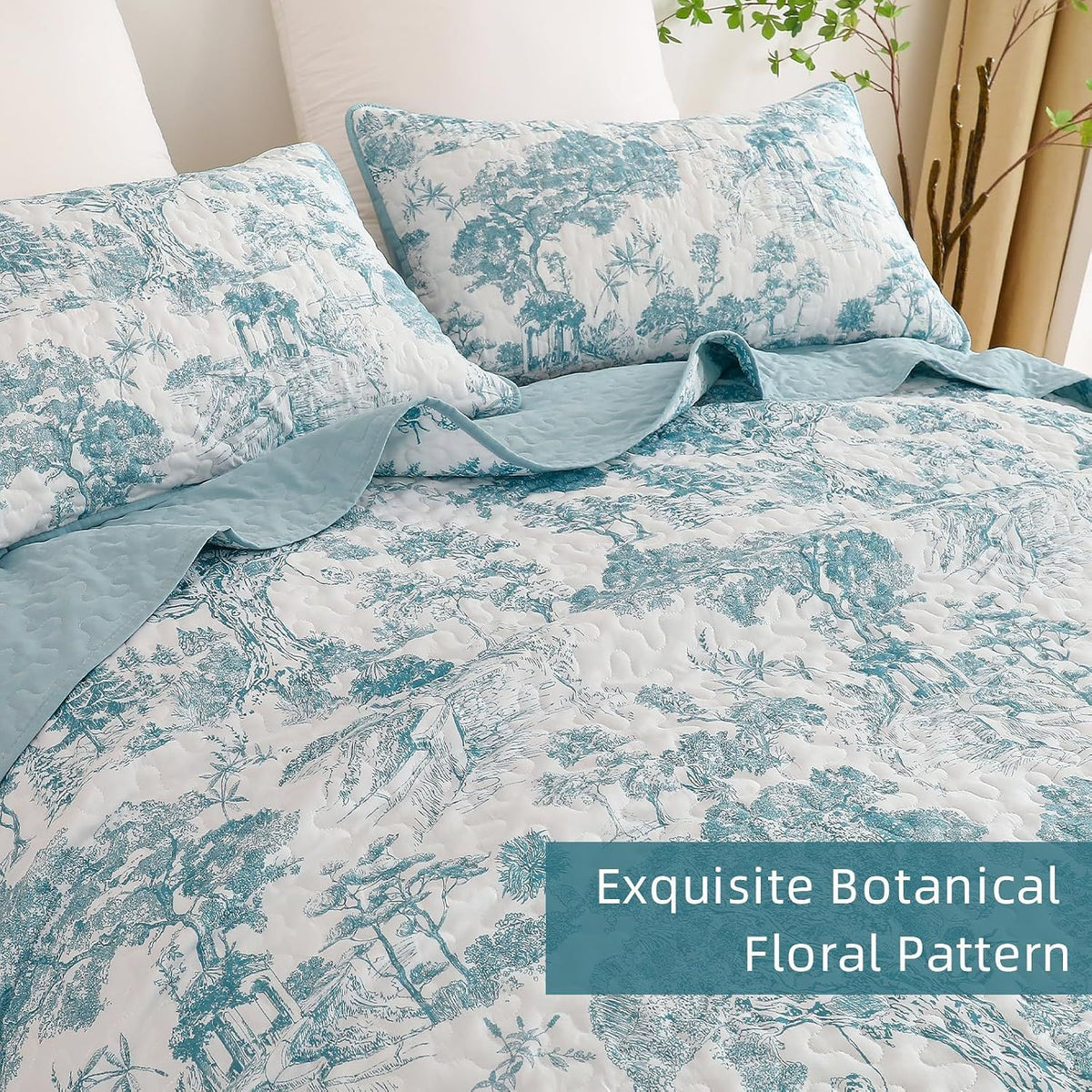 Blue Floral Botanical Serenity Bedspread Coverlet 3 Piece Set