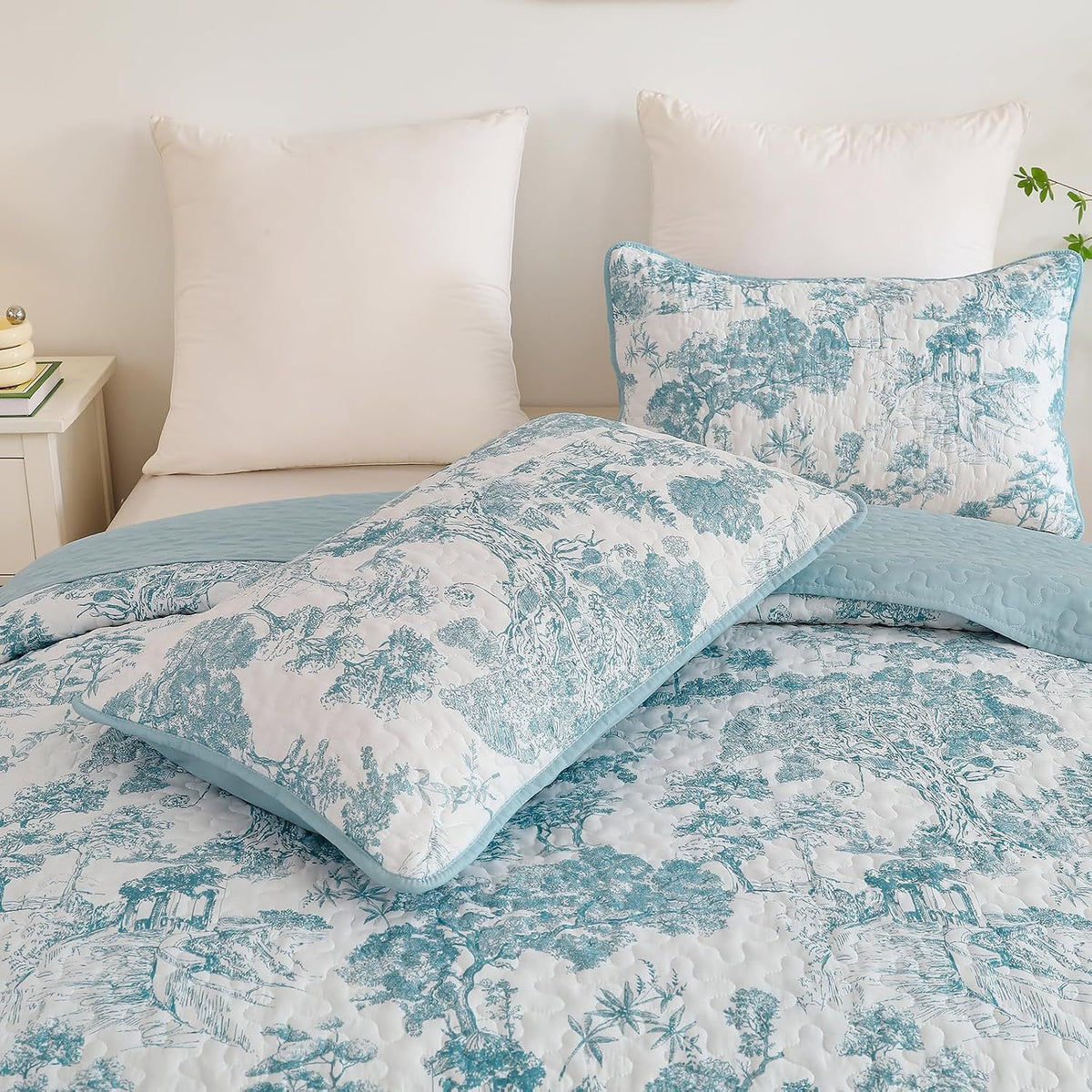 Blue Floral Botanical Serenity Bedspread Coverlet 3 Piece Set