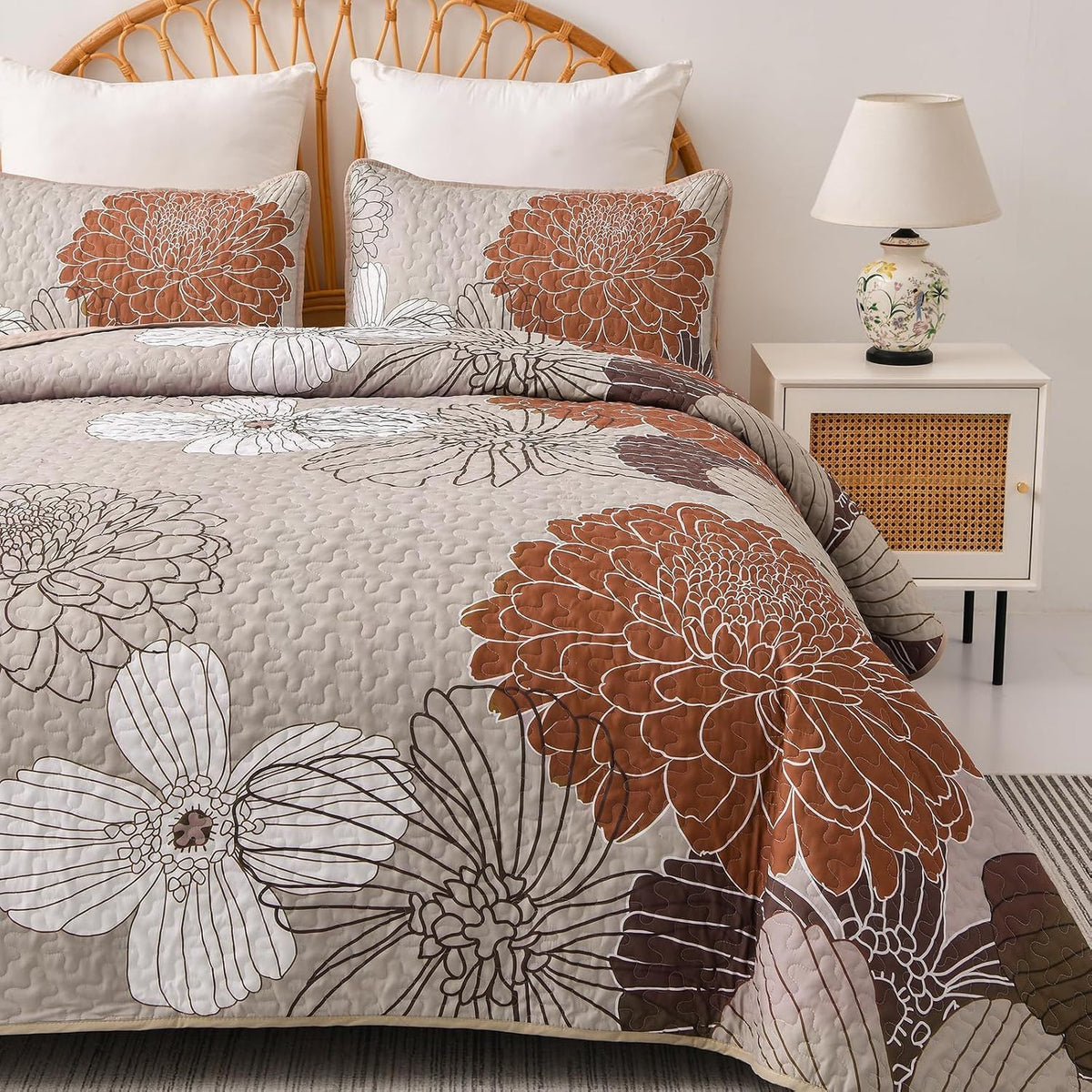 Brown Floral Vista Bedspread Coverlet 3 Piece Set