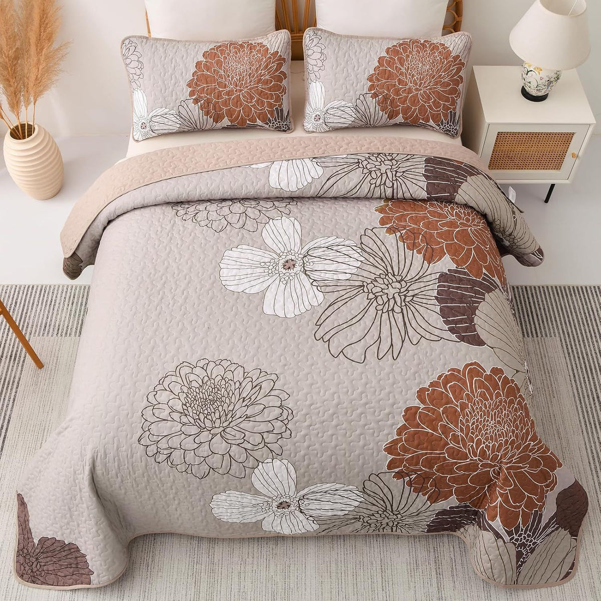 Brown Floral Vista Bedspread Coverlet 3 Piece Set