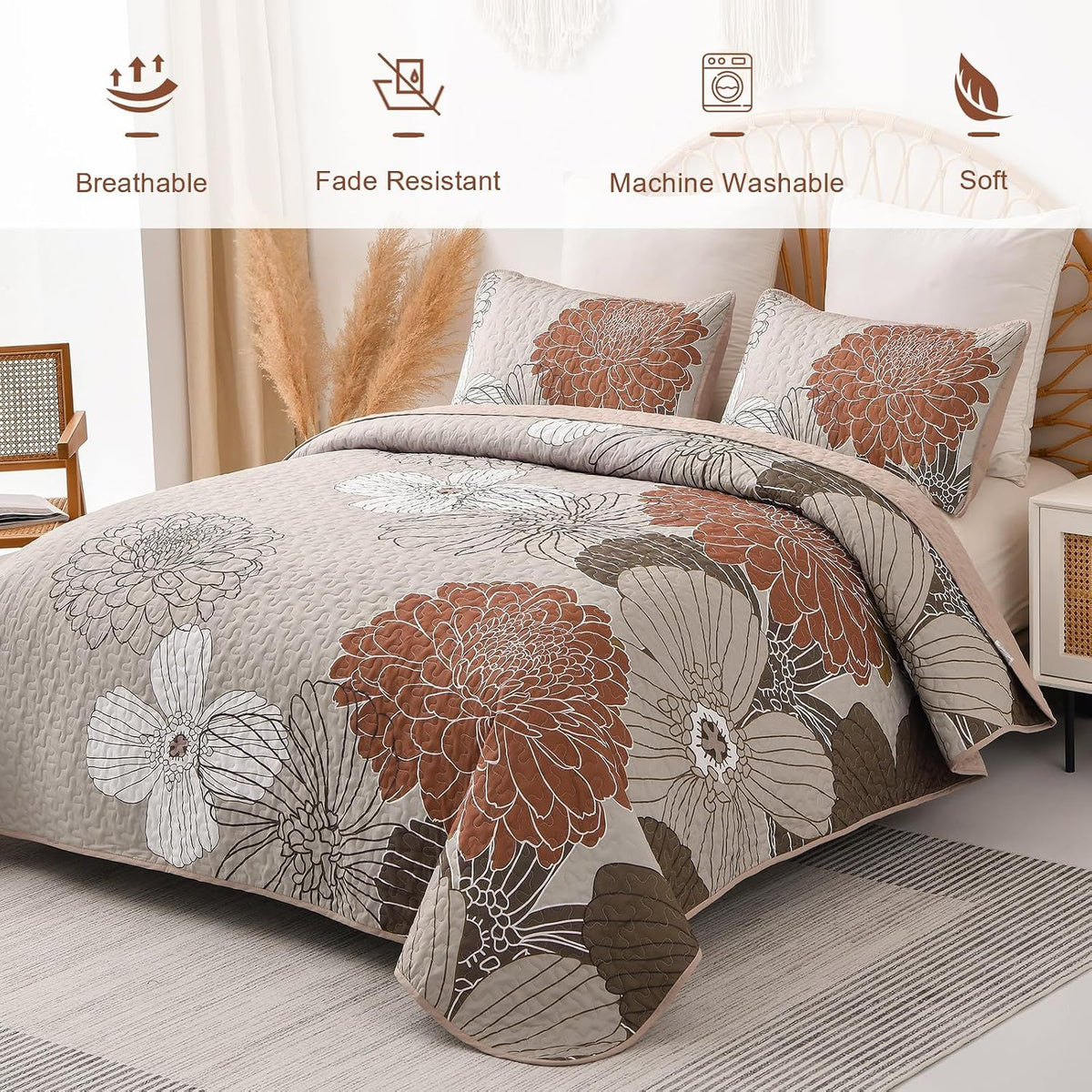 Brown Floral Vista Bedspread Coverlet 3 Piece Set