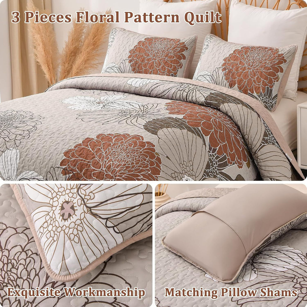 Brown Floral Vista Bedspread Coverlet 3 Piece Set
