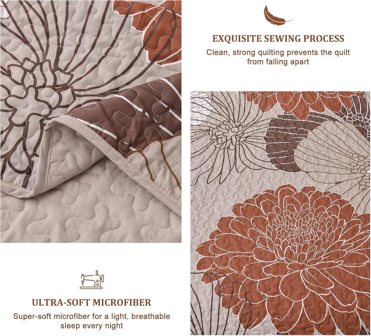 Brown Floral Vista Bedspread Coverlet 3 Piece Set