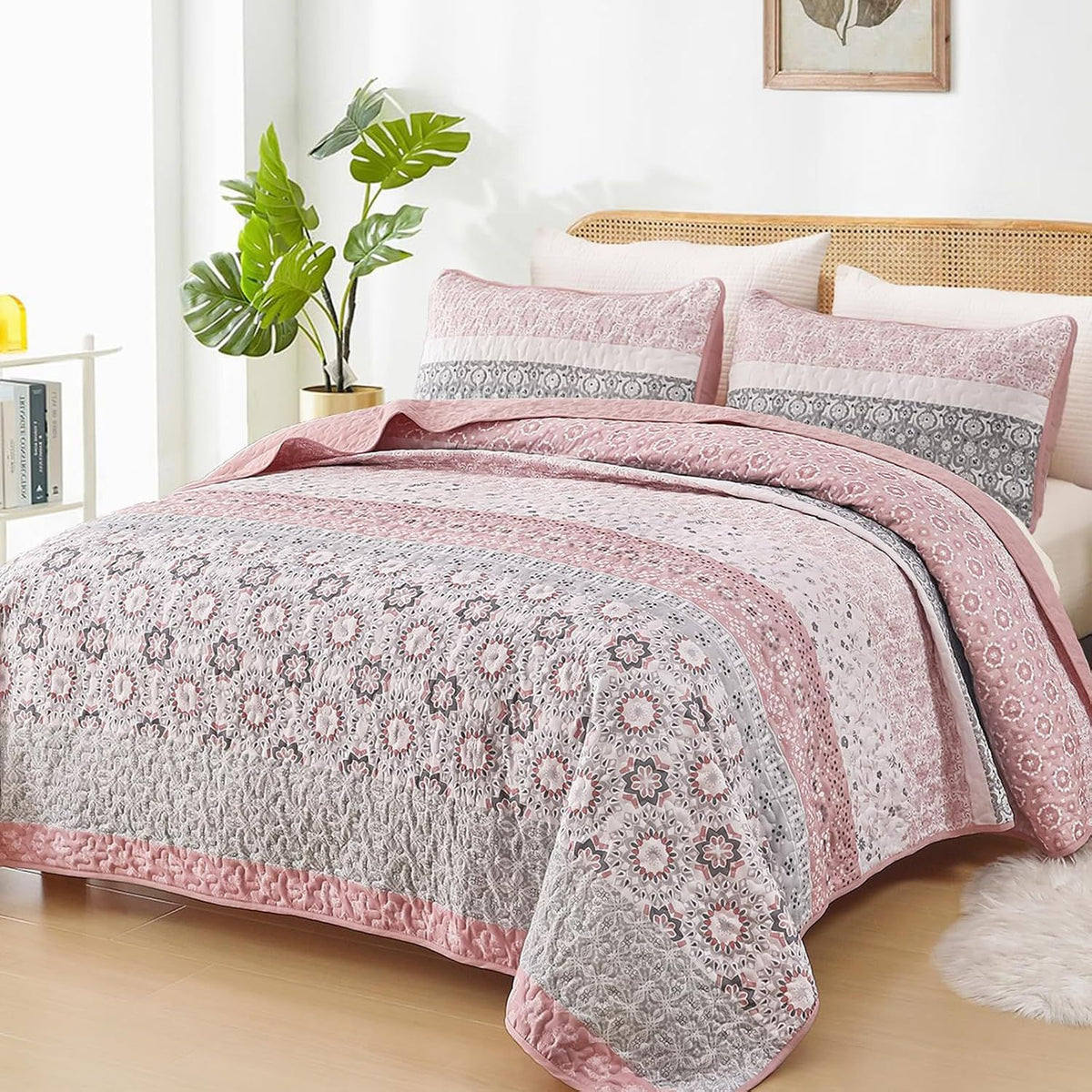 Pink Floral Stripe Bloom Bedspread Coverlet 3 Piece Set