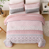 Pink Floral Stripe Bloom Bedspread Coverlet 3 Piece Set