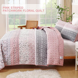 Pink Floral Stripe Bloom Bedspread Coverlet 3 Piece Set