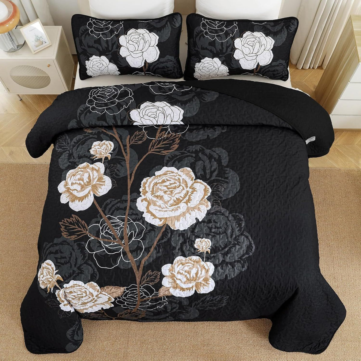 Black Floral Majesty Bedspread Coverlet 3 Piece Set
