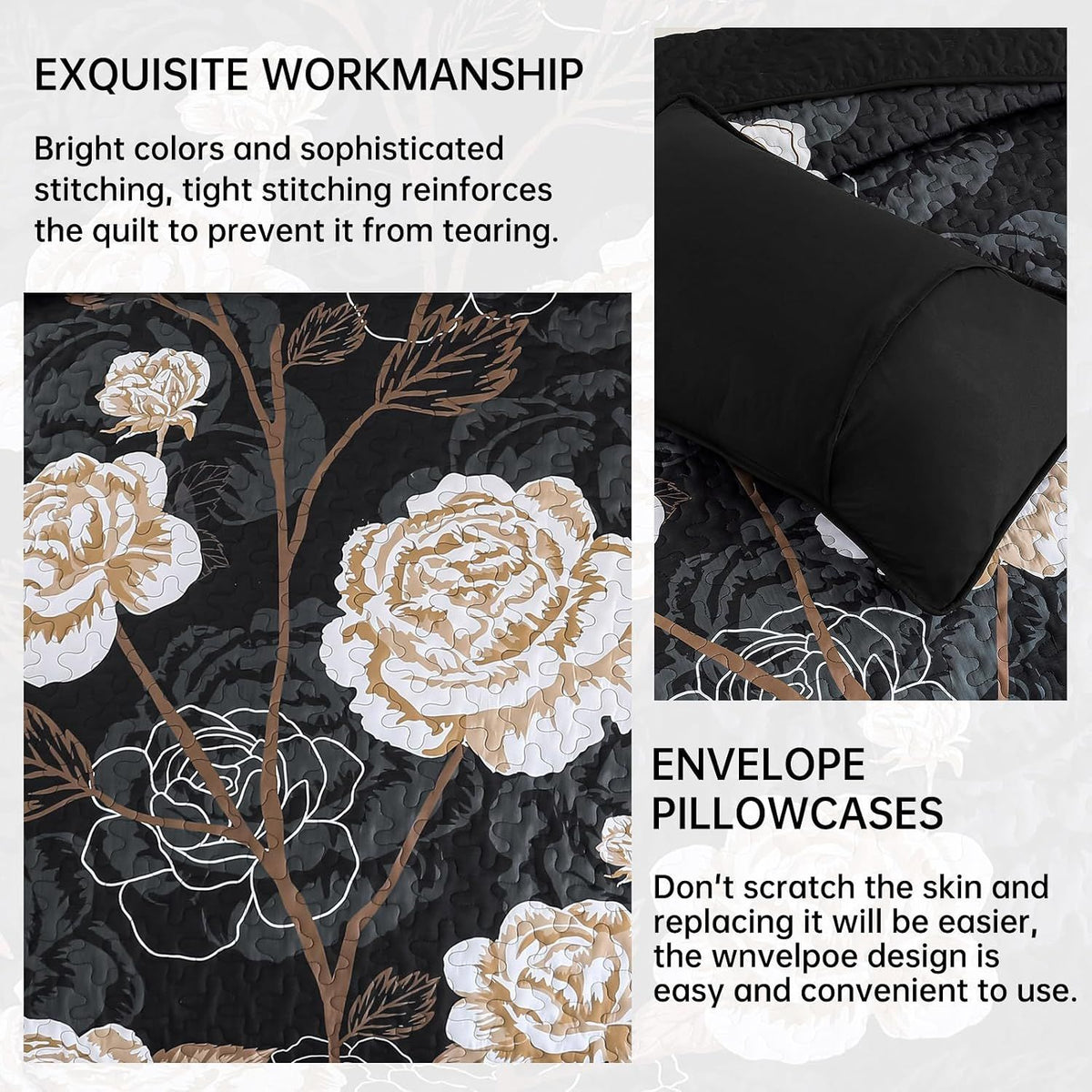 Black Floral Majesty Bedspread Coverlet 3 Piece Set