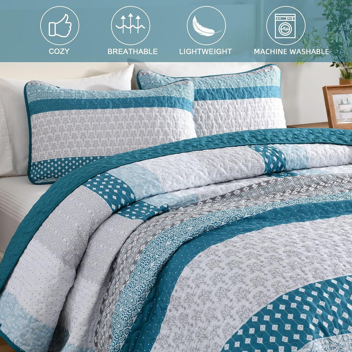 Teal Blue Stripe Boho Elysian Bedspread Coverlet 3 Piece Set