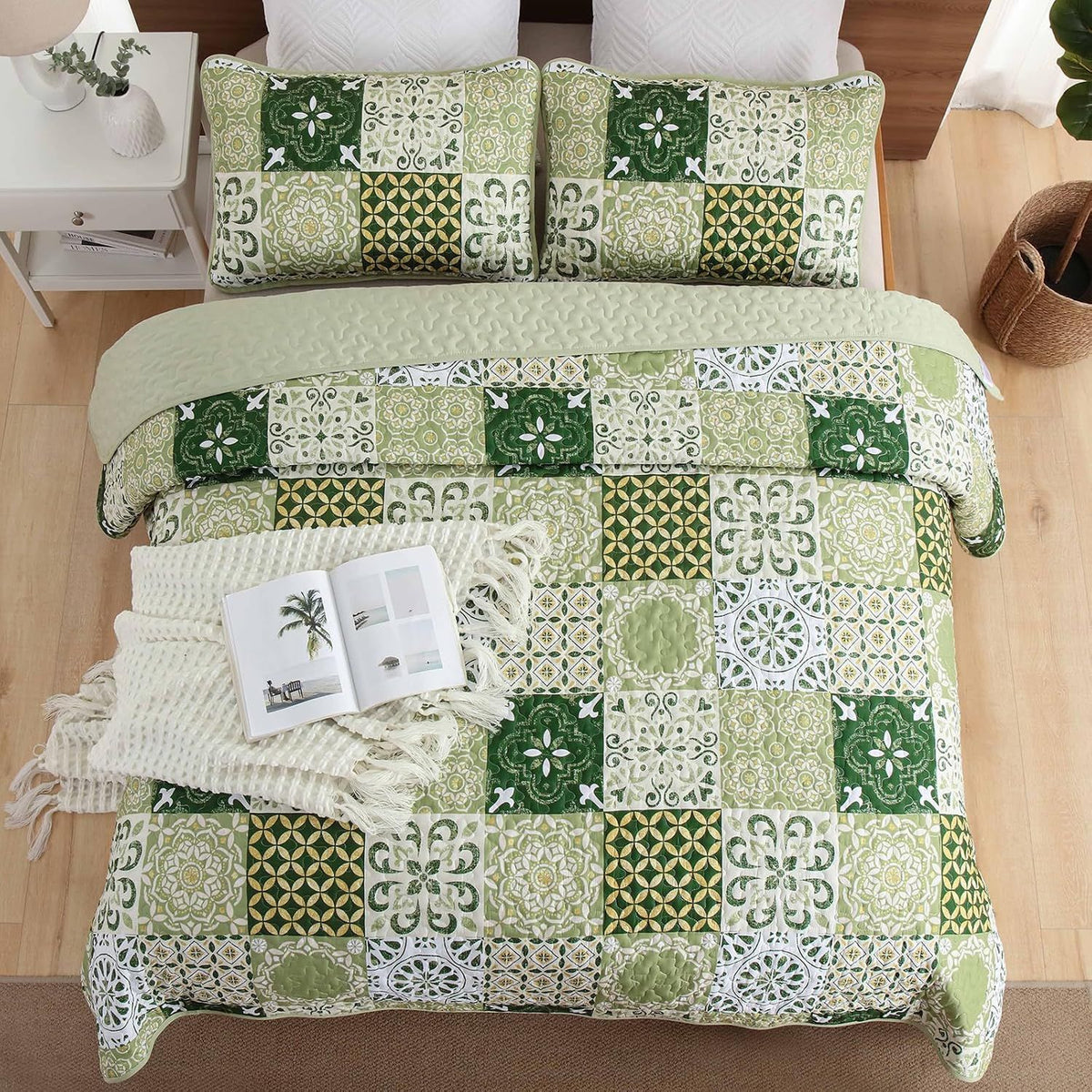 Sage Green Plaid Patchwork Garden Bedspread Coverlet 3 Piece Set