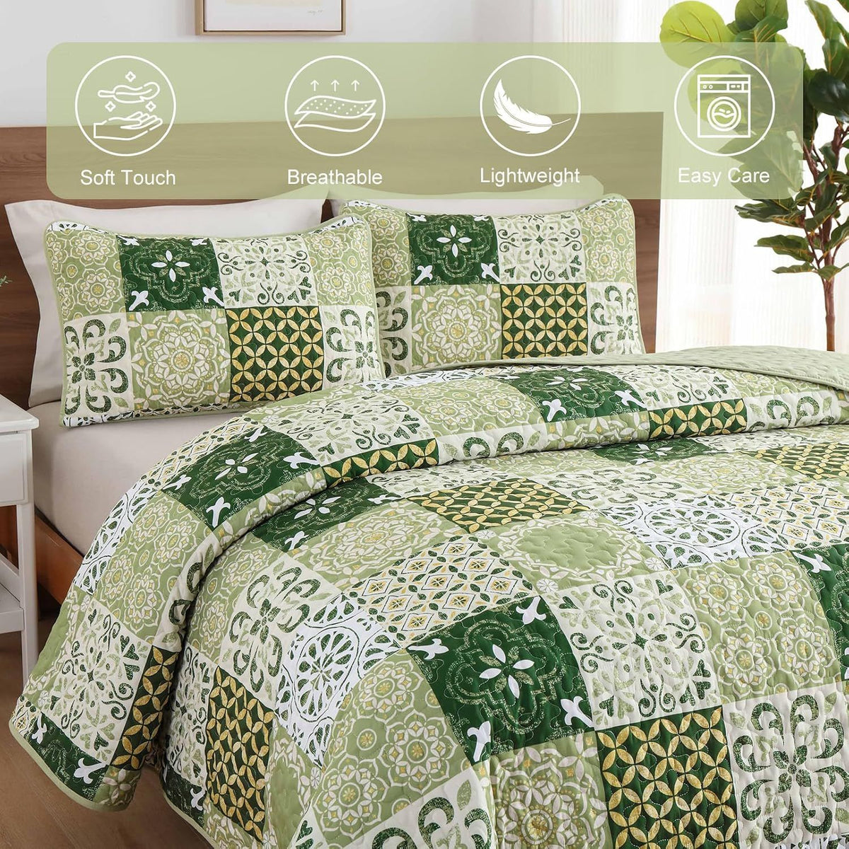 Sage Green Plaid Patchwork Garden Bedspread Coverlet 3 Piece Set