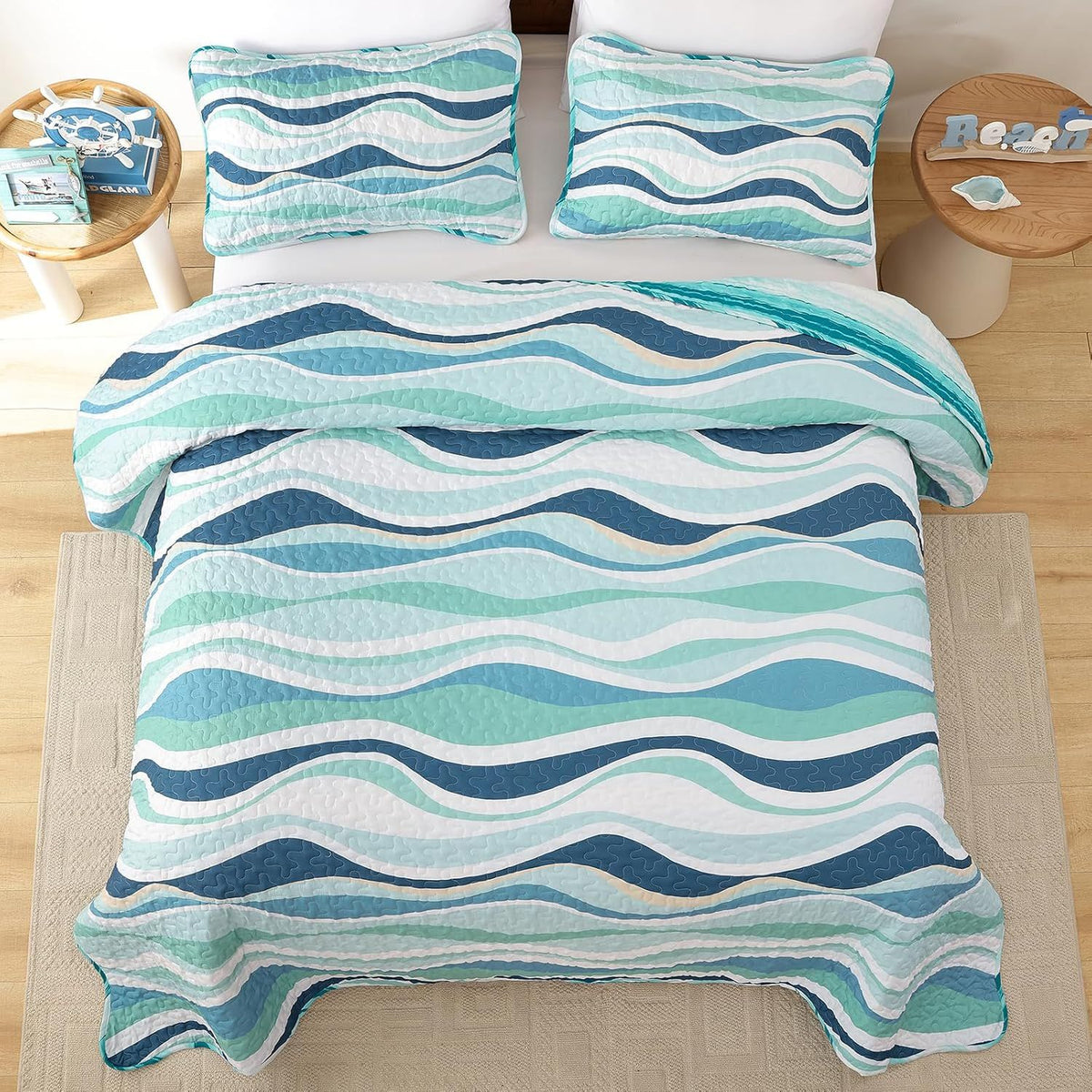 Elegant Coastal Sea Wave Meadow Bedspread Coverlet 3 Piece Set