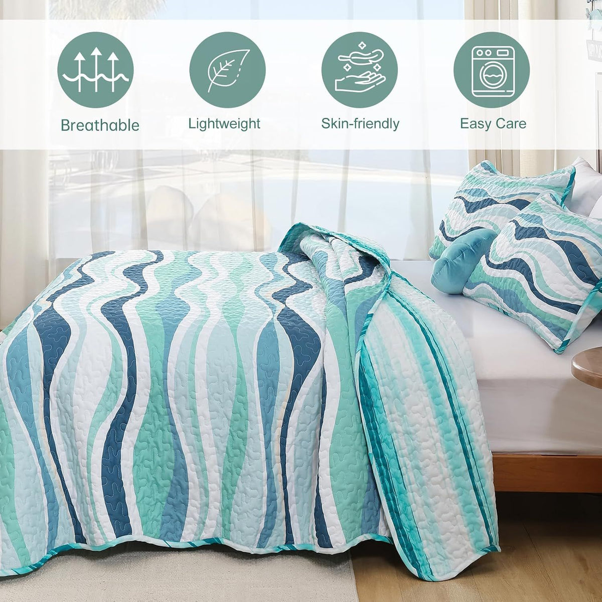 Elegant Coastal Sea Wave Meadow Bedspread Coverlet 3 Piece Set