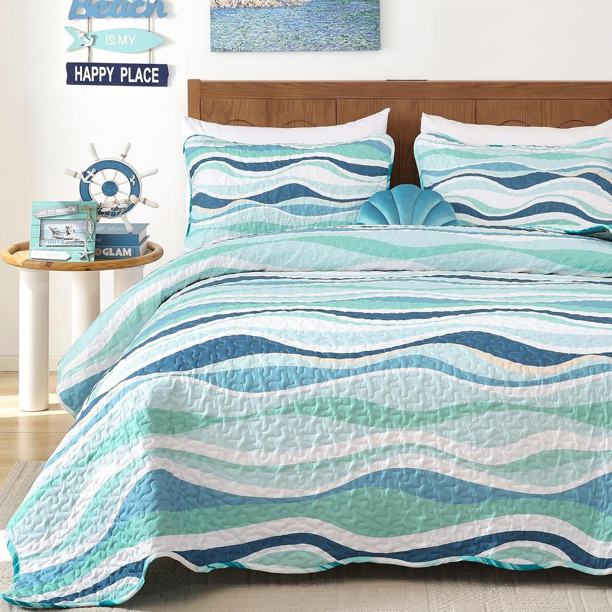 Elegant Coastal Sea Wave Meadow Bedspread Coverlet 3 Piece Set