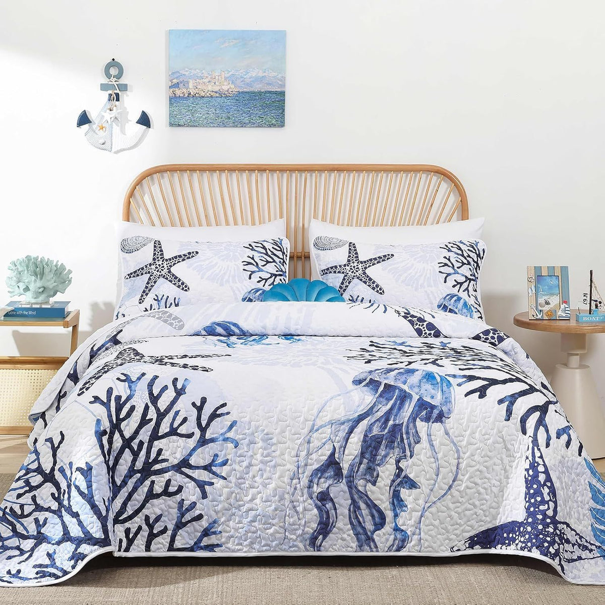 Blue Nautical Coastal Luxe Bedspread Coverlet 3 Piece Set