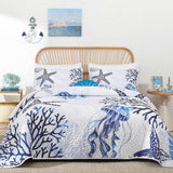 Blue Nautical Coastal Luxe Bedspread Coverlet 3 Piece Set