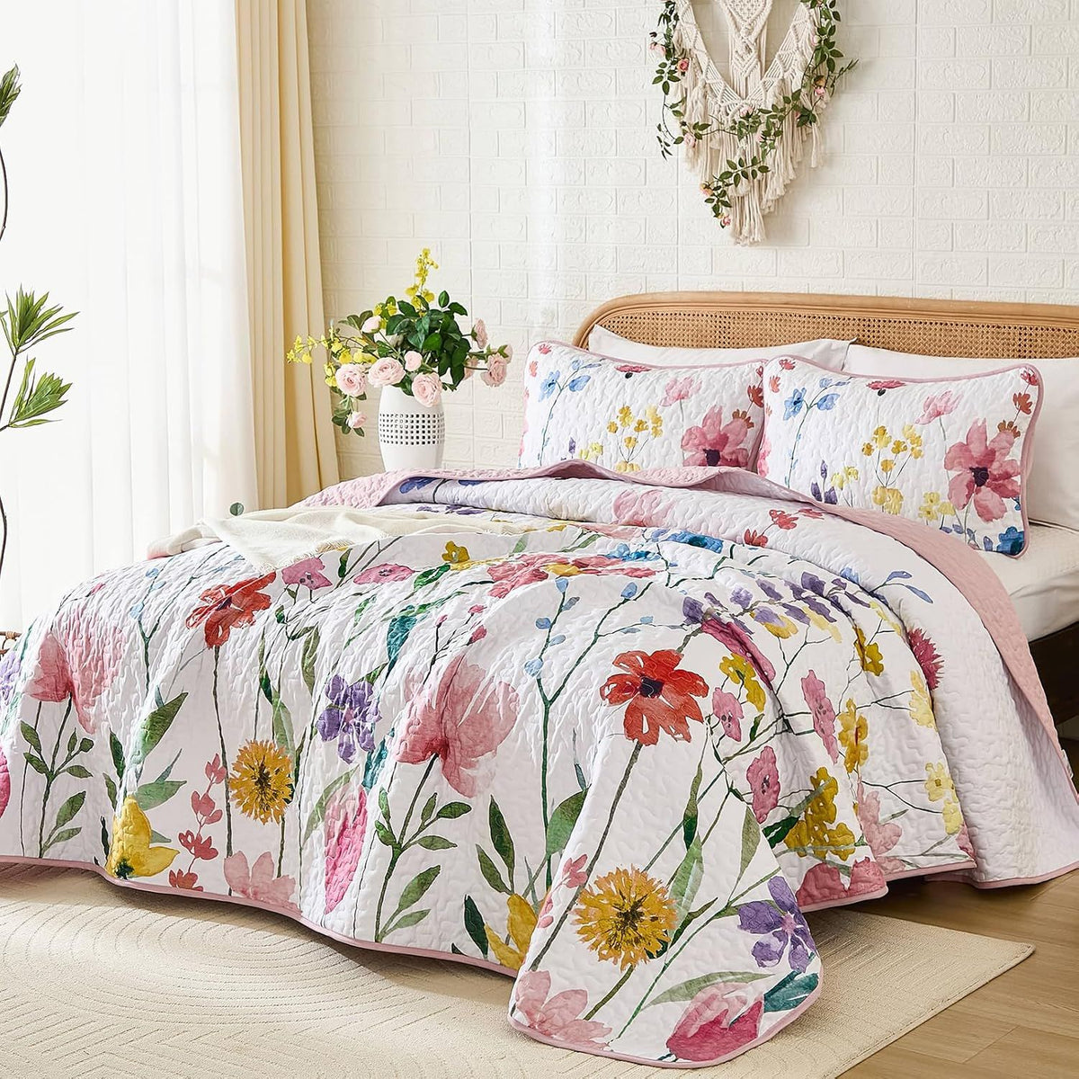 Pink Floral Haven Bedspread Coverlet 3 Piece Set