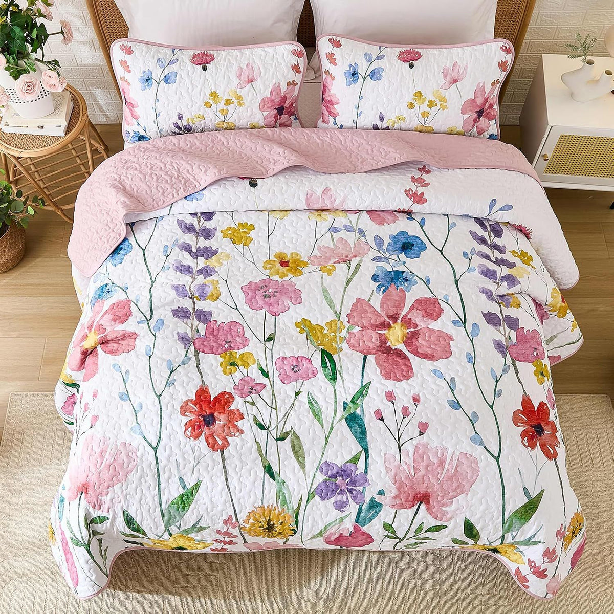 Pink Floral Haven Bedspread Coverlet 3 Piece Set