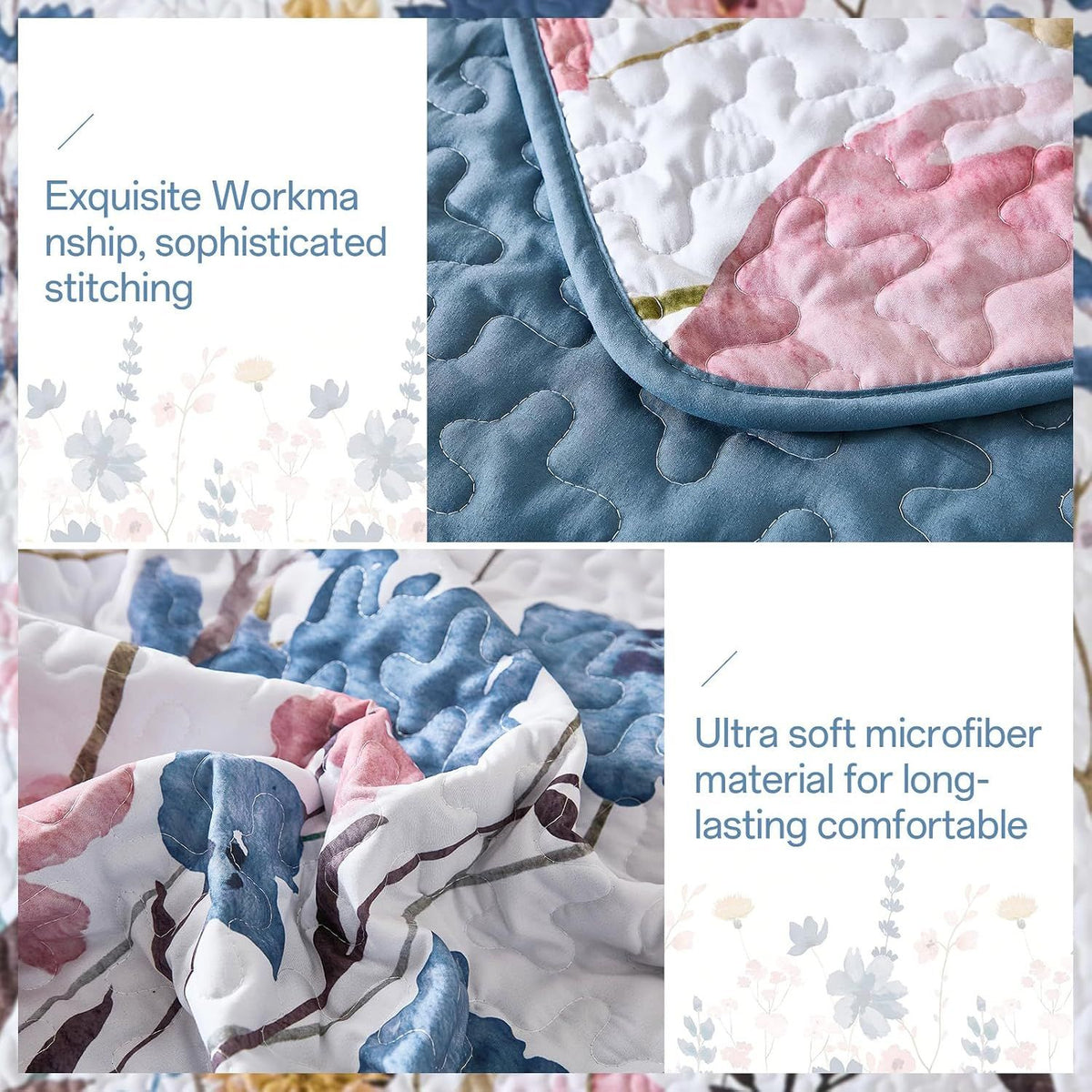 Blue Floral Serenity Bedspread Coverlet 3 Piece Set