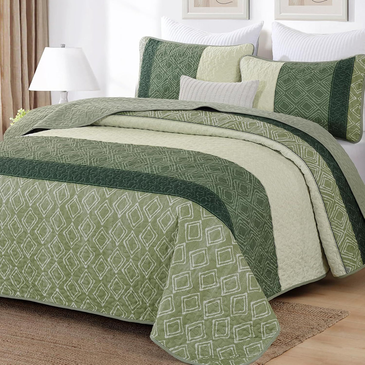 Sage Green Stripe Bloom Bedspread Coverlet 3 Piece Set