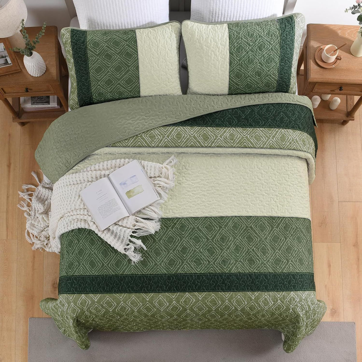 Sage Green Stripe Bloom Bedspread Coverlet 3 Piece Set