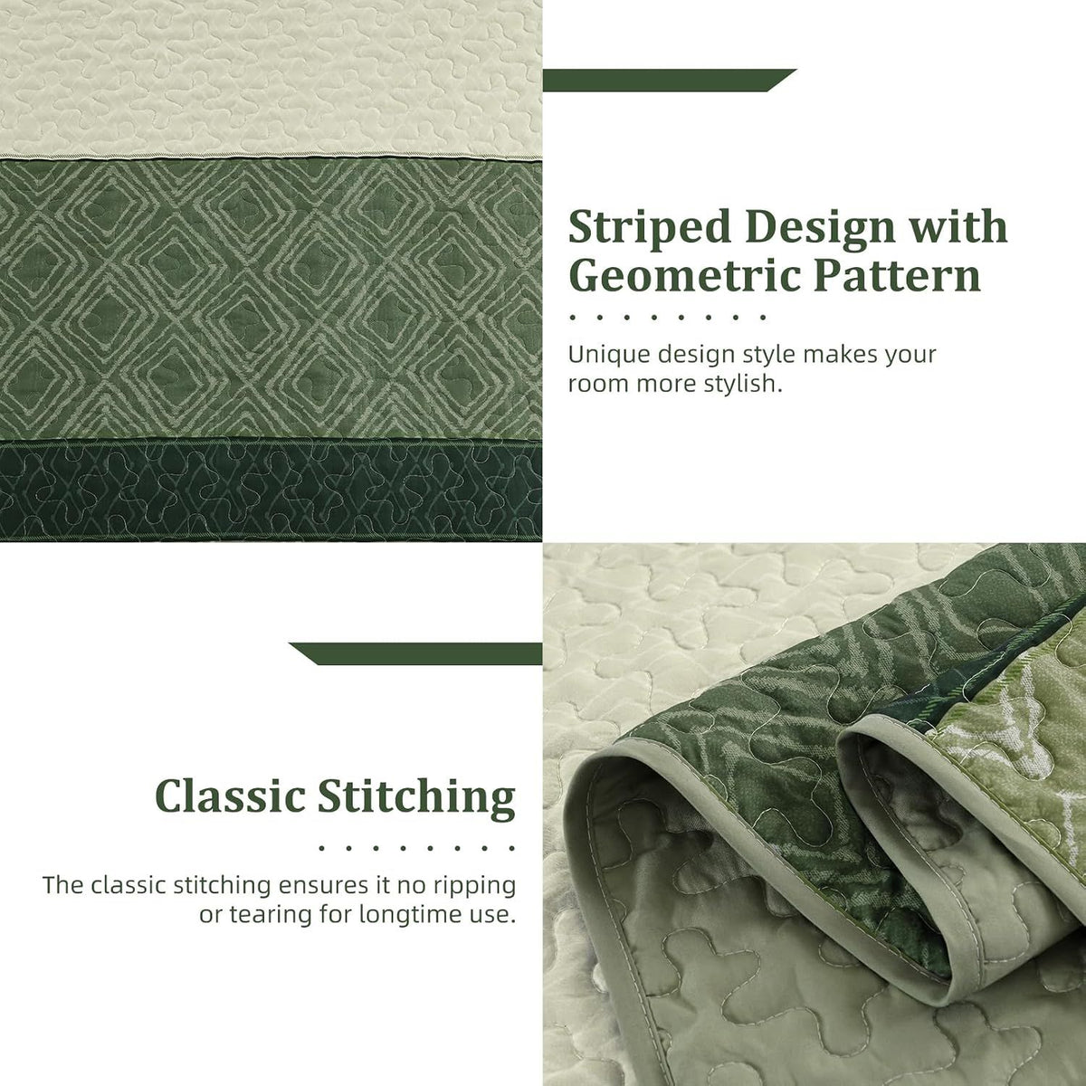 Sage Green Stripe Bloom Bedspread Coverlet 3 Piece Set