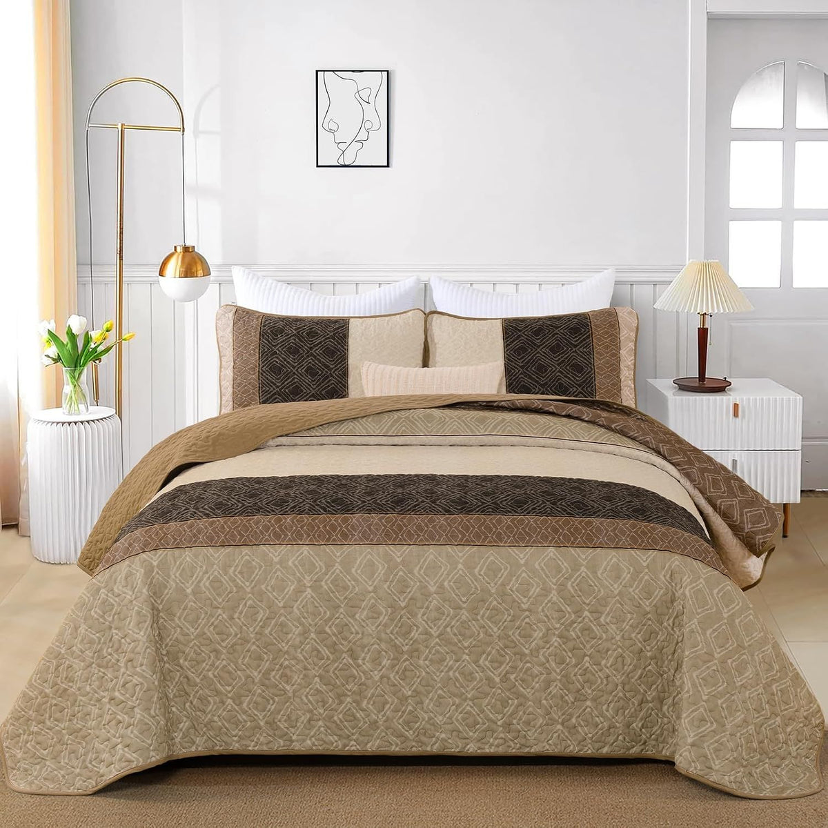 Brown Stripe Plaid Garden Bedspread Coverlet 3 Piece Set