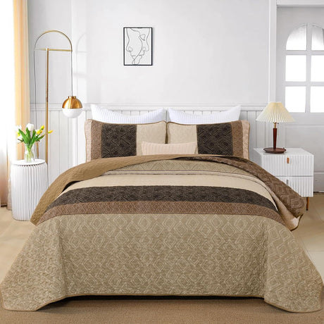 Brown Stripe Plaid Garden Bedspread Coverlet 3 Piece Set
