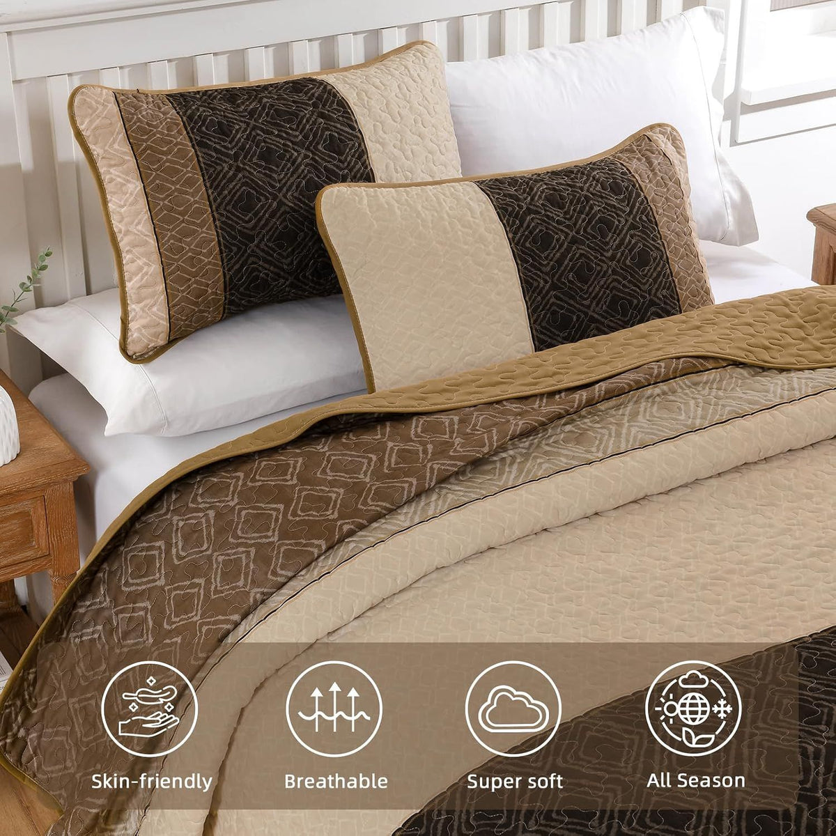 Brown Stripe Plaid Garden Bedspread Coverlet 3 Piece Set
