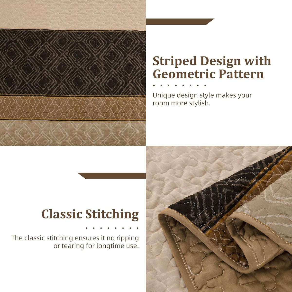 Brown Stripe Plaid Garden Bedspread Coverlet 3 Piece Set