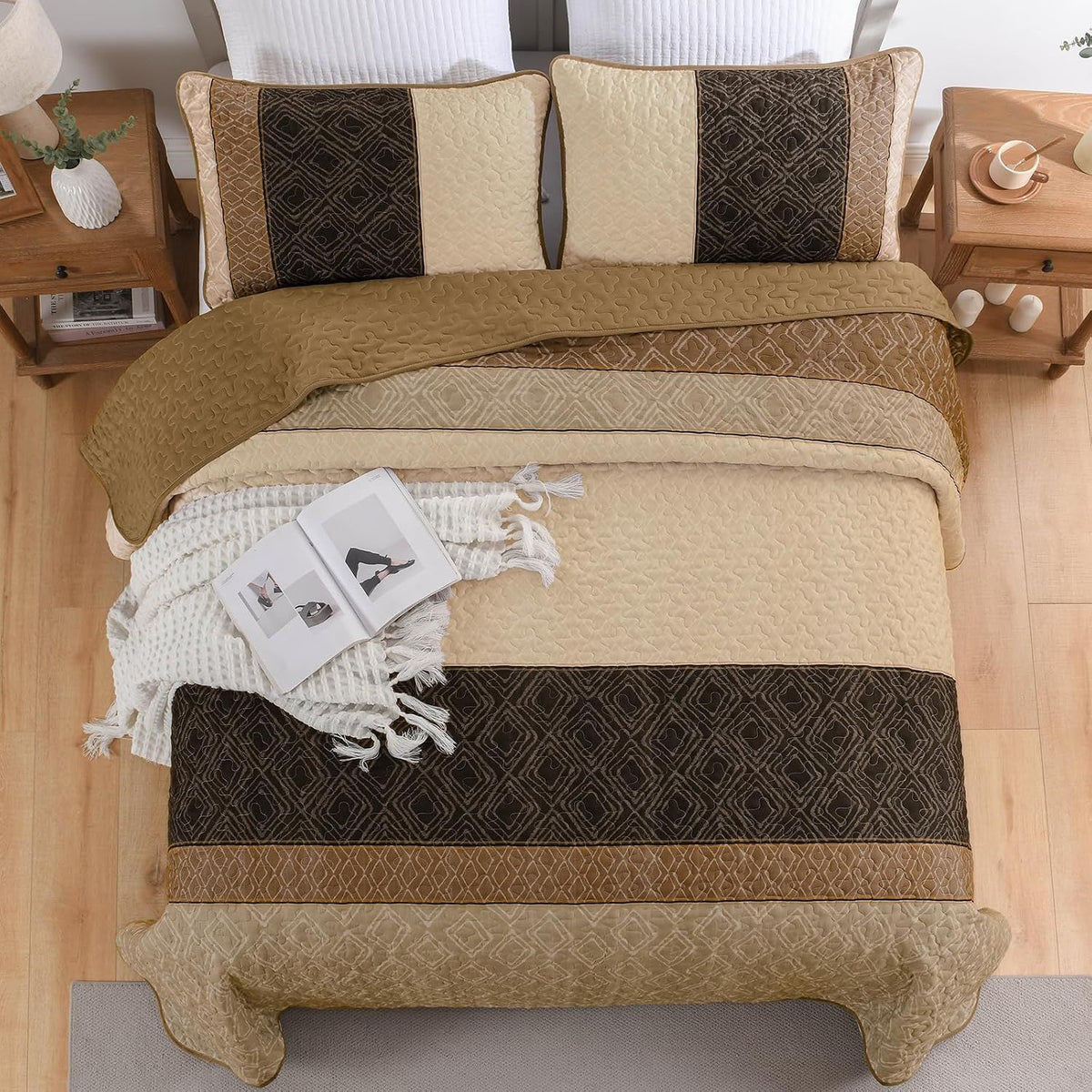 Brown Stripe Plaid Garden Bedspread Coverlet 3 Piece Set