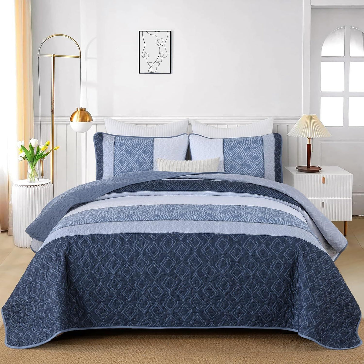 Mineral Blue Stripe Plaid Dream Bedspread Coverlet 3 Piece Set