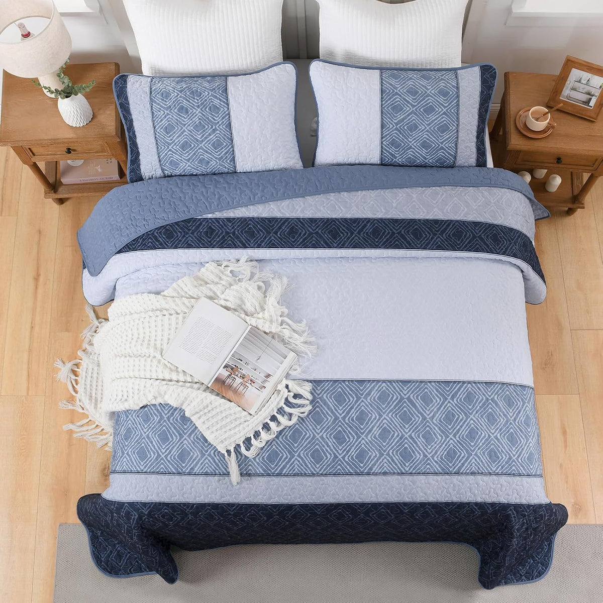 Mineral Blue Stripe Plaid Dream Bedspread Coverlet 3 Piece Set