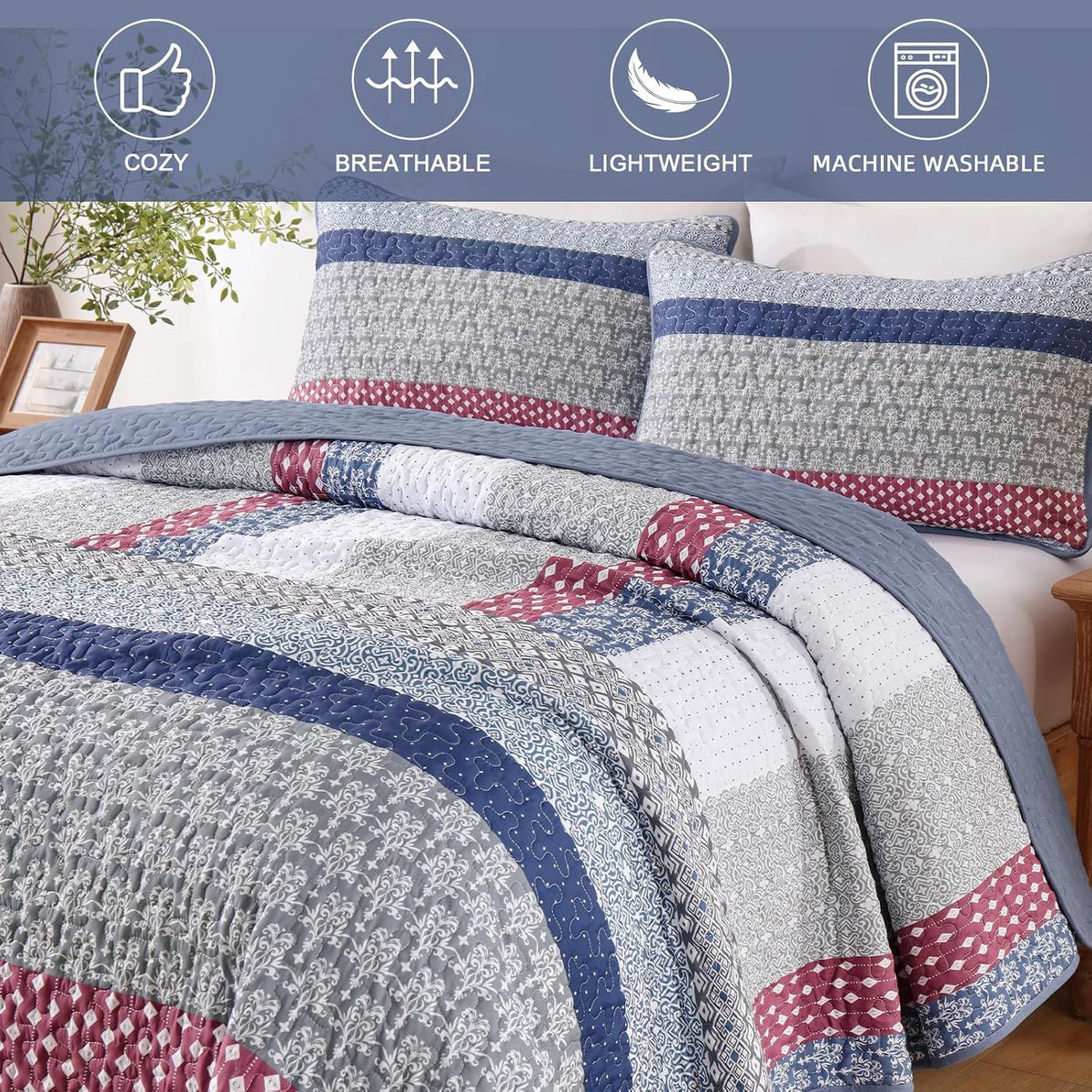 Red Patchwork Boho Mosaic Bedspread Coverlet 3 Piece Set