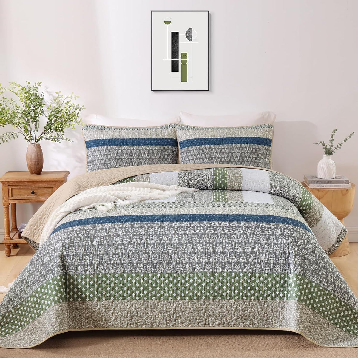 Khaki Green Stripe Bloom Bedspread Coverlet 3 Piece Set