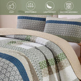 Khaki Green Stripe Bloom Bedspread Coverlet 3 Piece Set