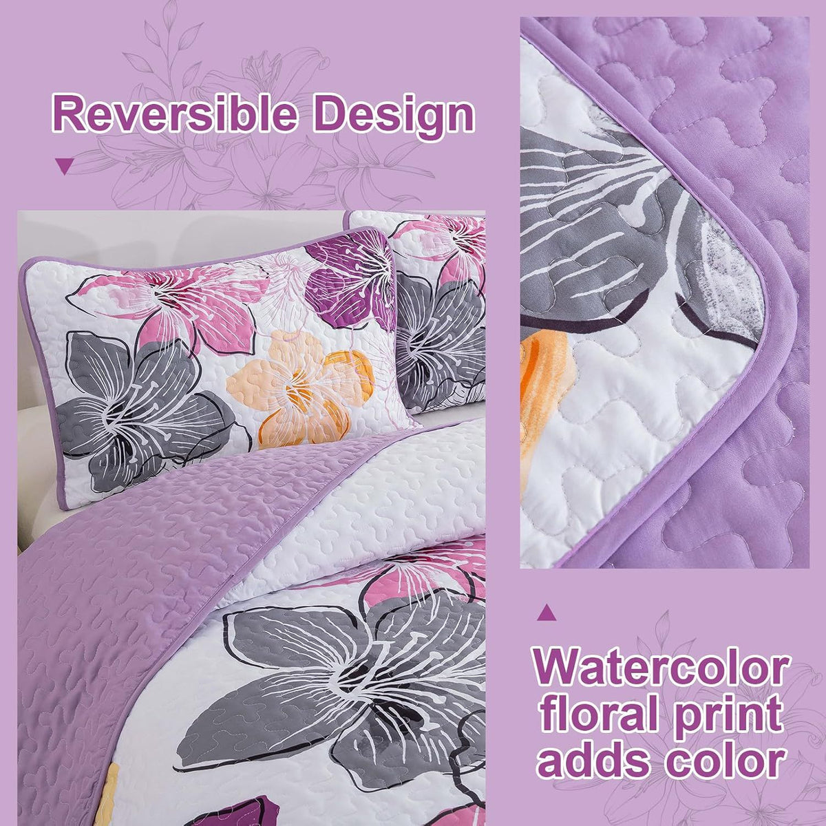 Purple Floral Boho Elysian Bedspread Coverlet 3 Piece Set