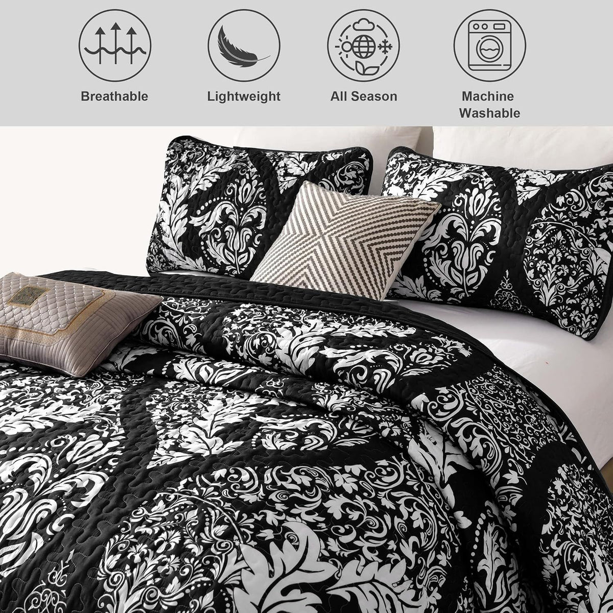 Black Damask Boho Serenity Bedspread Coverlet 3 Piece Set