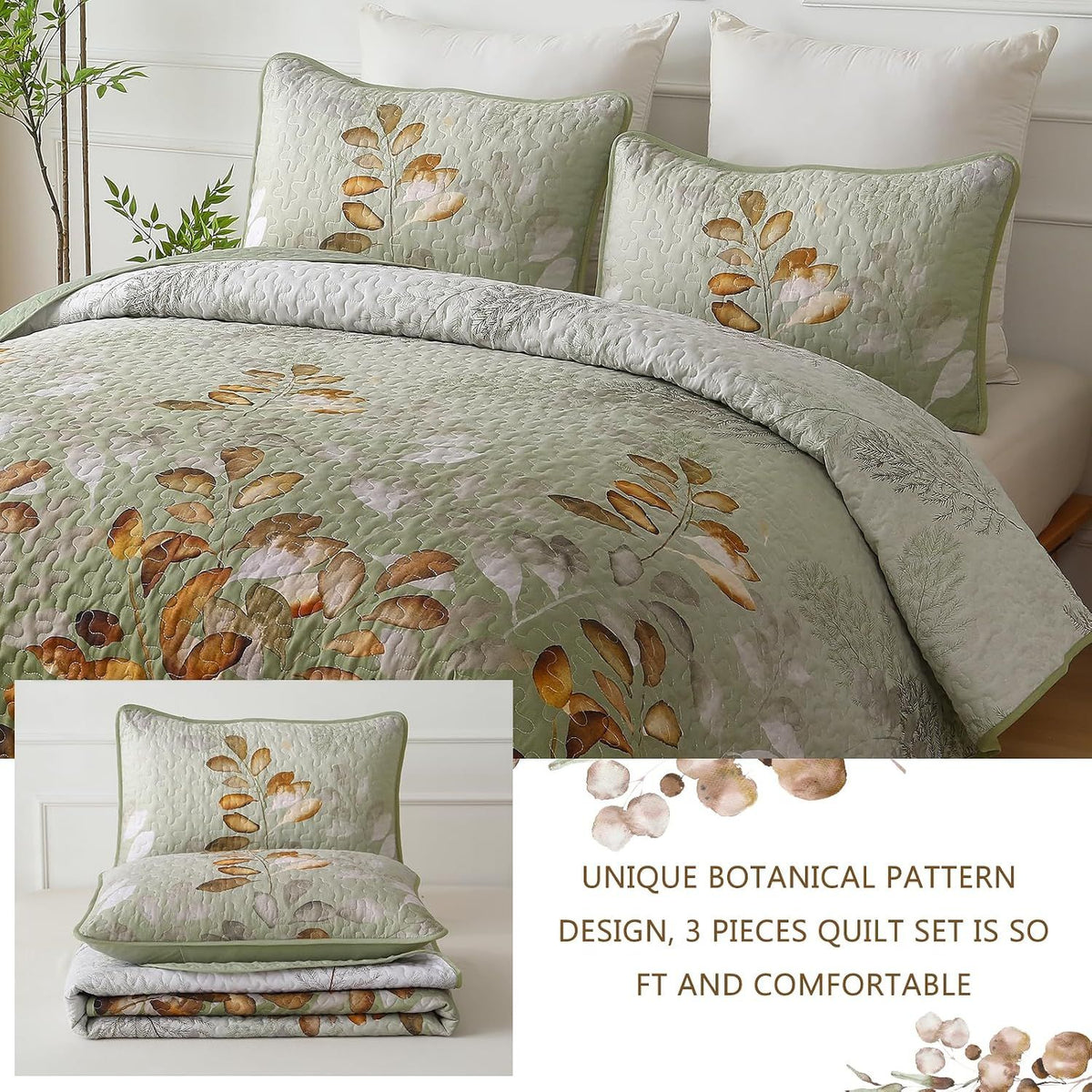 Brown Floral Serenity Bedspread Coverlet 3 Piece Set